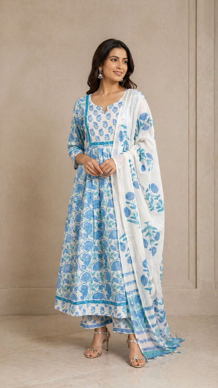 SkyBlue block printed Dupatta set