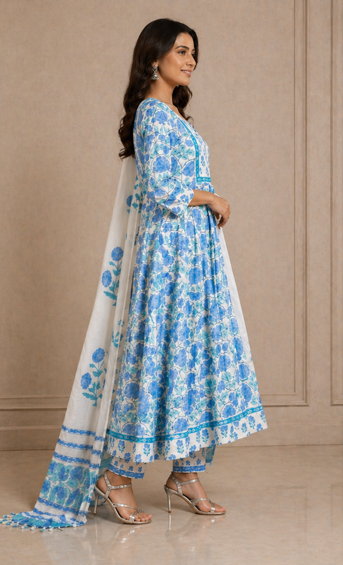 SkyBlue block printed Dupatta set