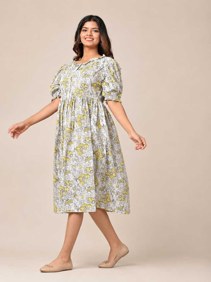 Grey Floral Flared Dress