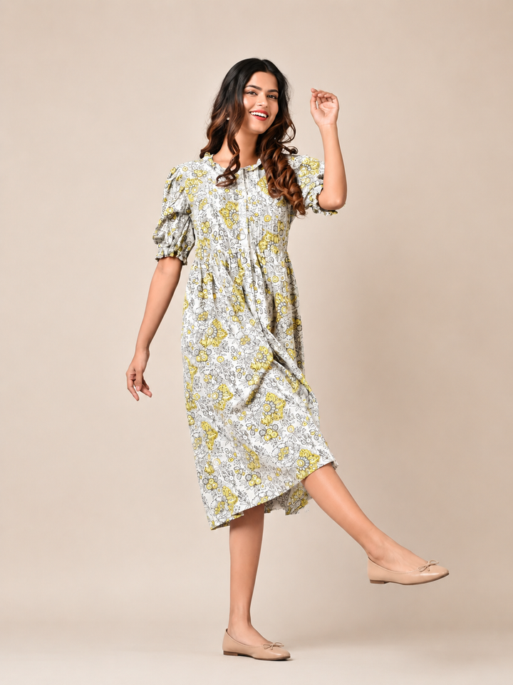 Grey Floral Flared Dress