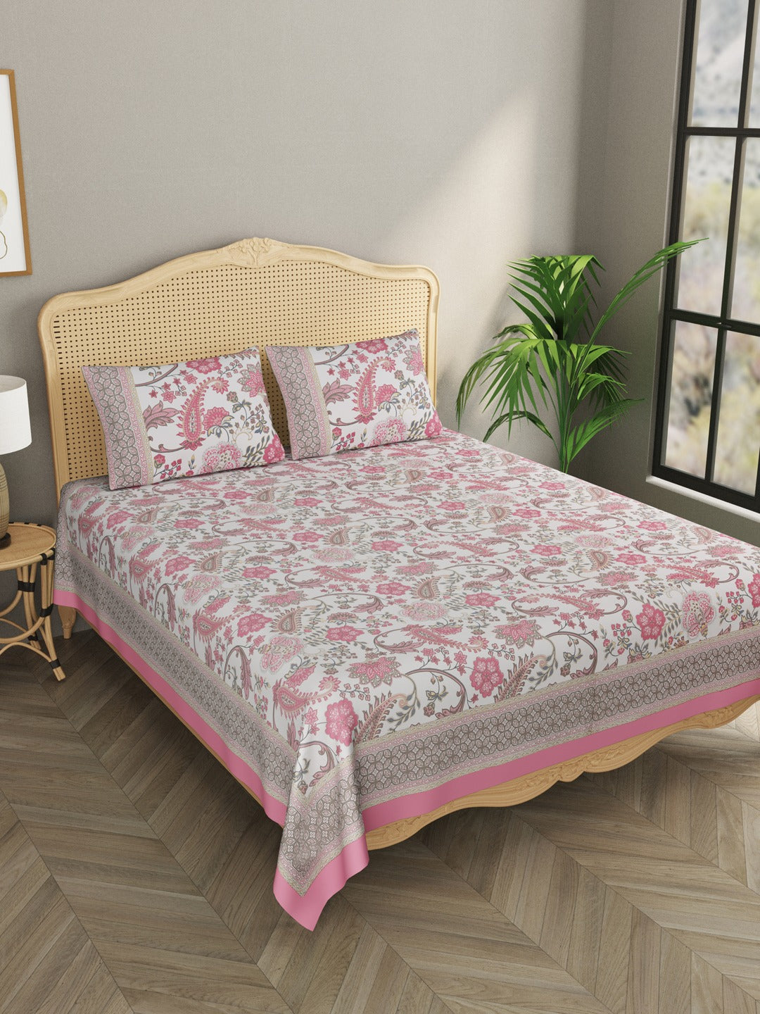 Pink-&-Grey-Handblock-Print-Bedsheet-With-2-Pillow-Covers