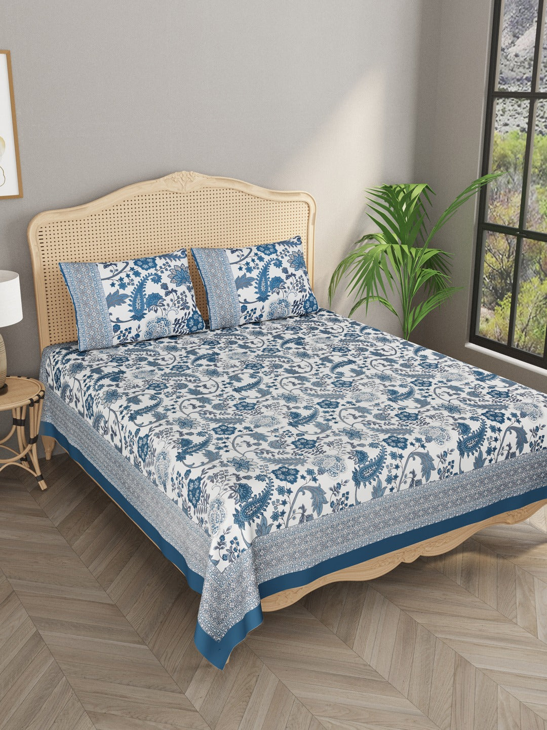 Blue-Cotton-Floral-Print-Bedsheet-With-2-Pillow-Covers