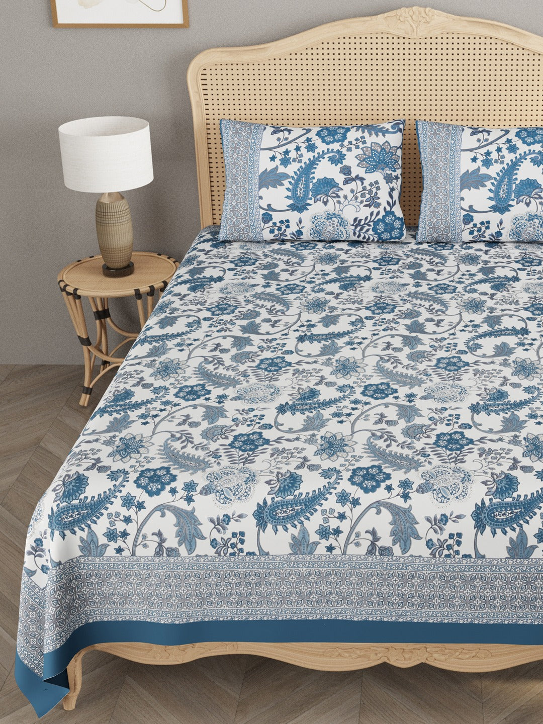 Blue-Cotton-Floral-Print-Bedsheet-With-2-Pillow-Covers