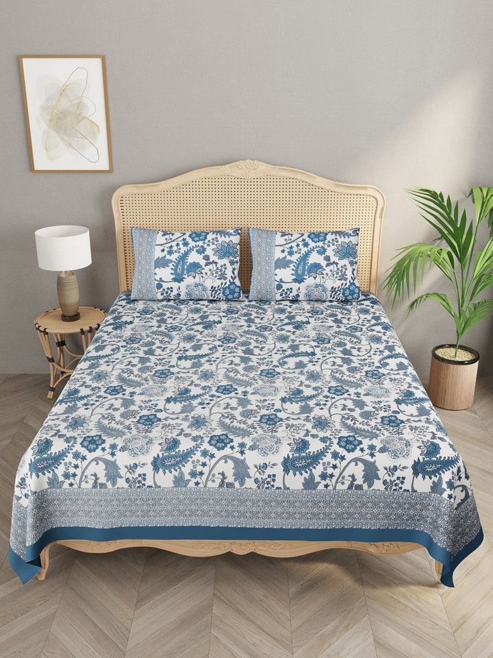 Blue-Cotton-Floral-Print-Bedsheet-With-2-Pillow-Covers