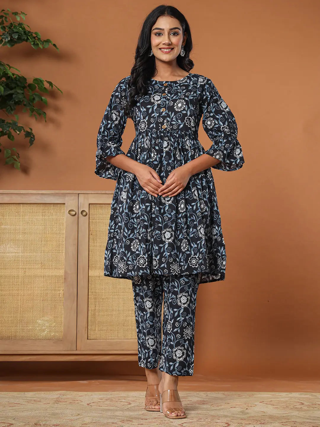 Black-Cotton-Maternity-Peplum-2-Piece-Kurta-Set