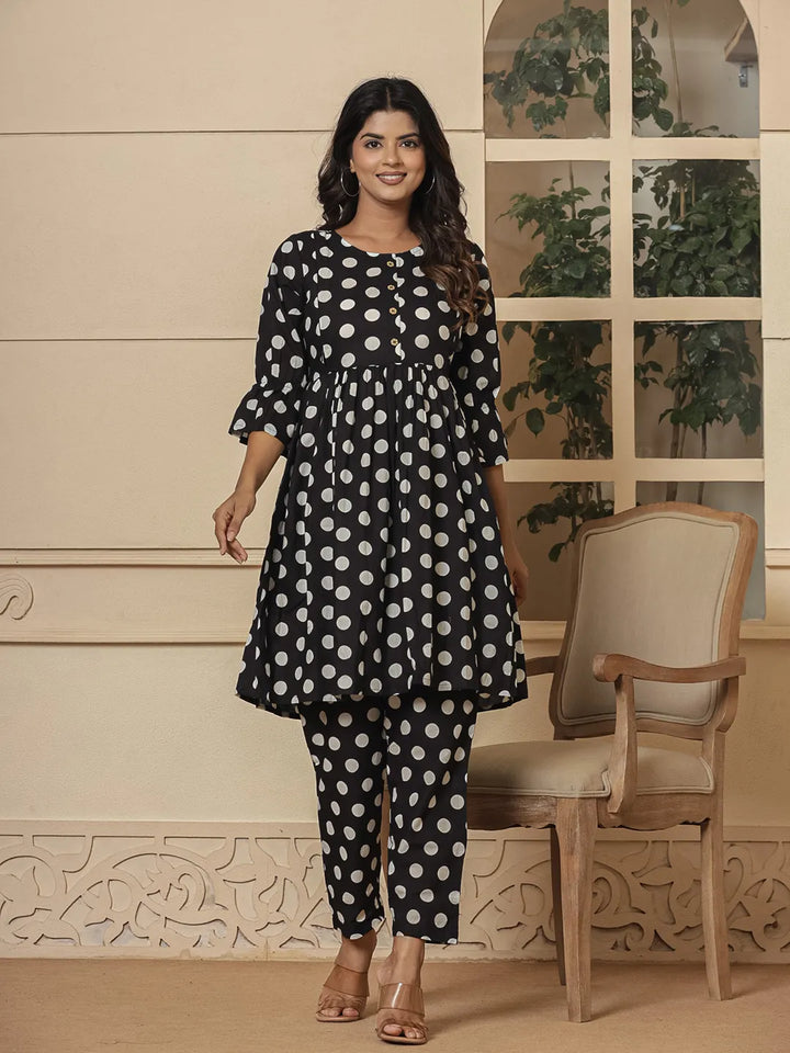 Black-Cotton-Polka-Dot-Print-Maternity-Wear-2-Piece-Kurta-Set