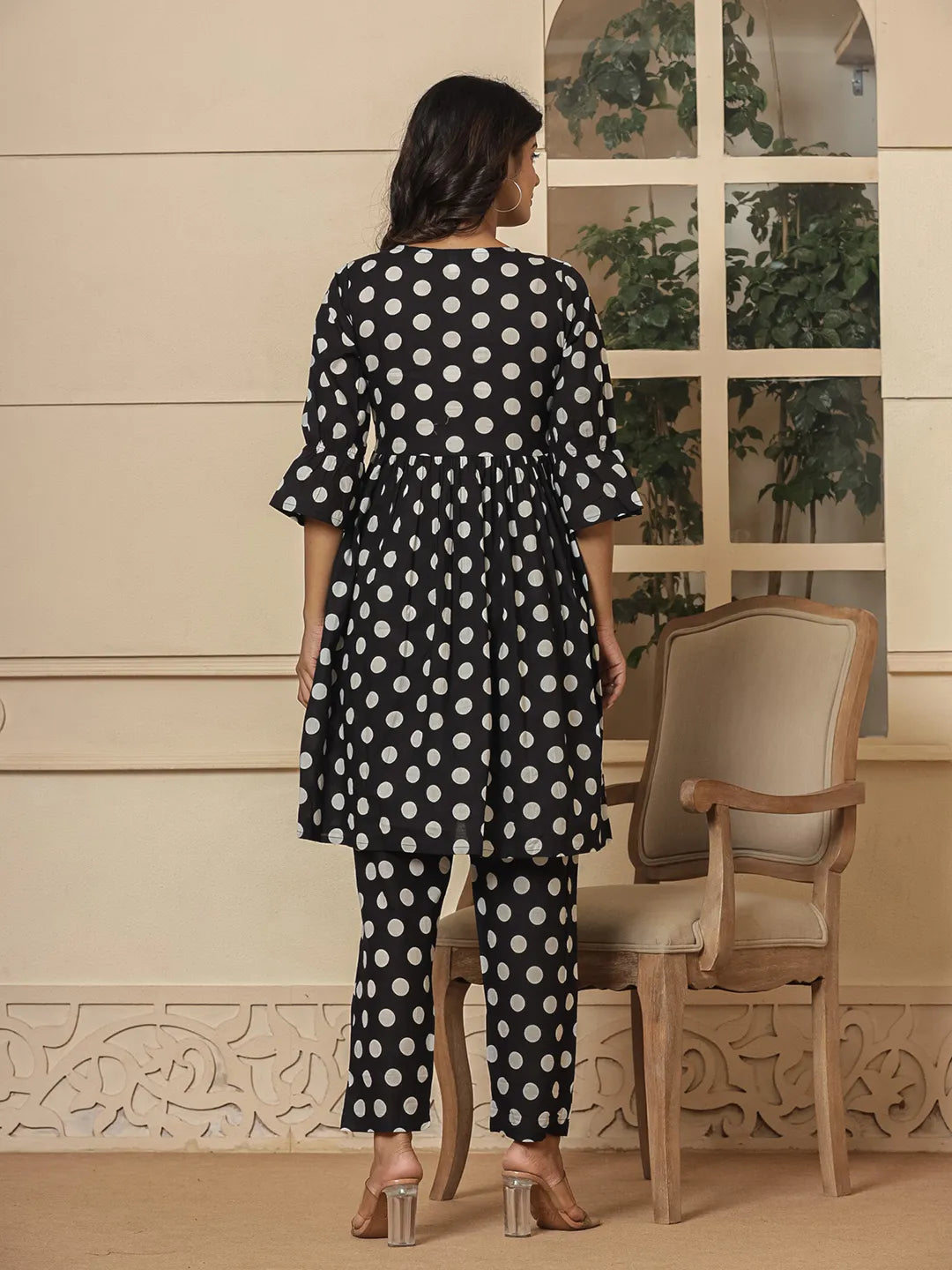 Black-Cotton-Polka-Dot-Print-Maternity-Wear-2-Piece-Kurta-Set