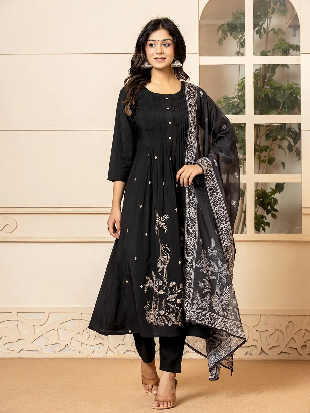 Black-Cotton-Embroidered-A-Line-Kurta-Dupatta-Pant-Set