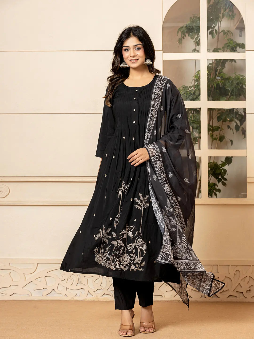 Black-Cotton-Embroidered-A-Line-Kurta-Dupatta-Pant-Set