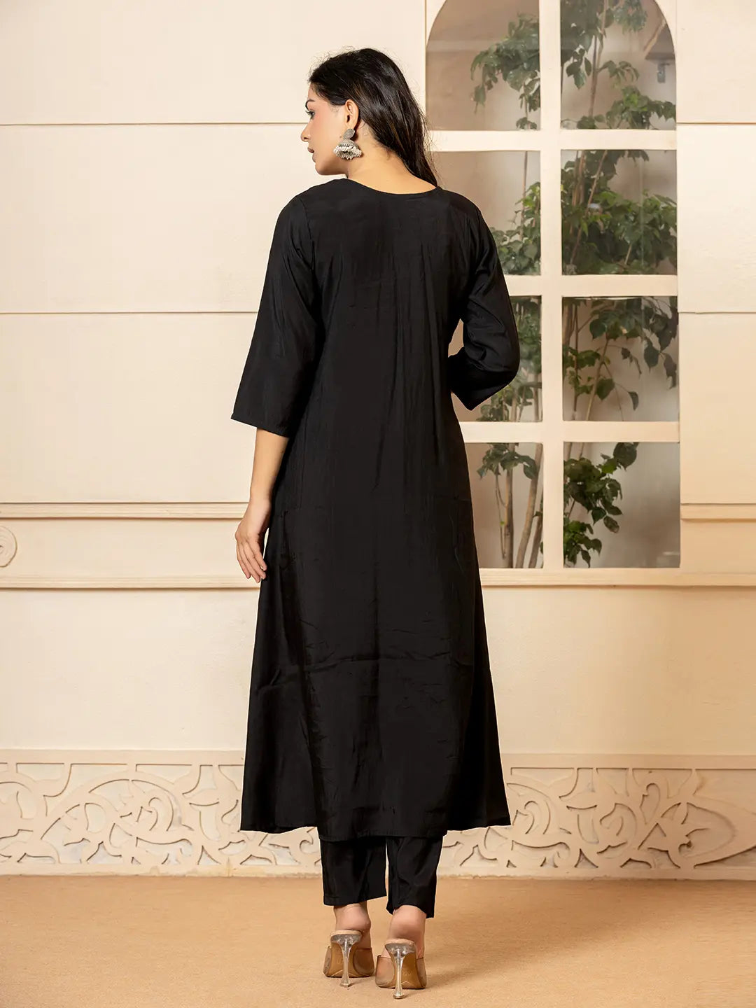 Black-Cotton-Embroidered-A-Line-Kurta-Dupatta-Pant-Set