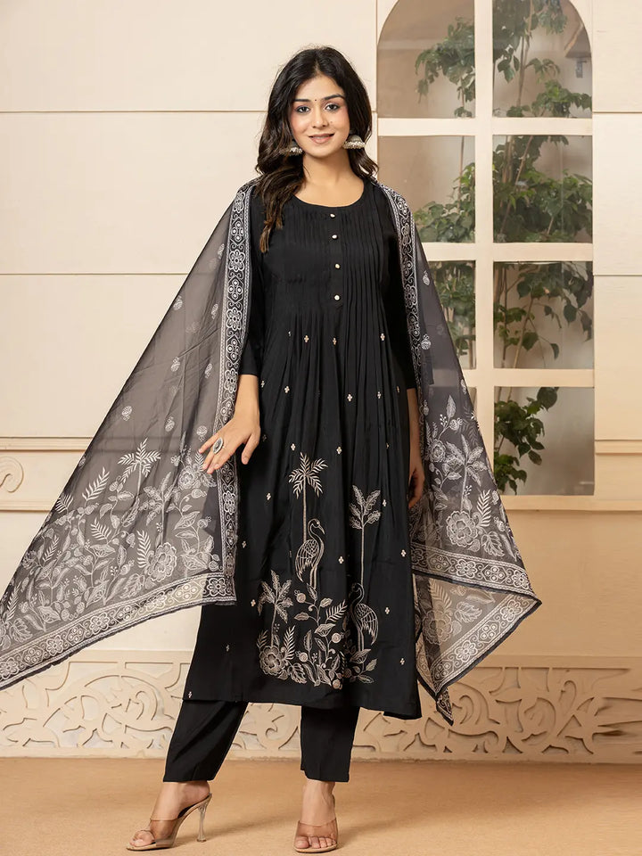 Black-Cotton-Embroidered-A-Line-Kurta-Dupatta-Pant-Set