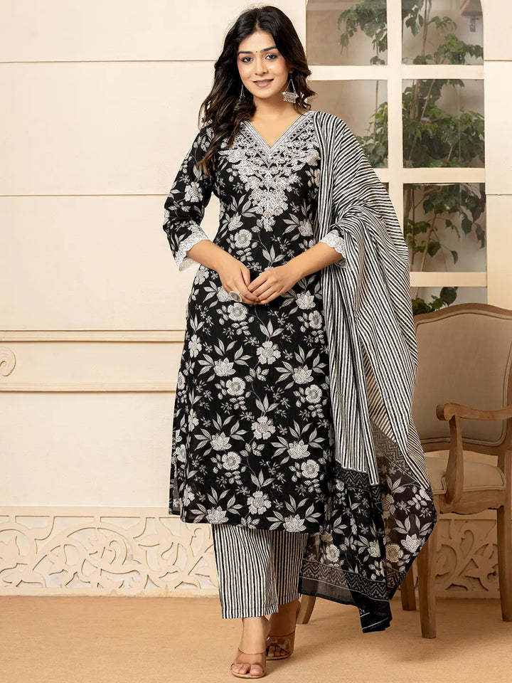 Black-Cotton-Embroidered-Straight-3-Piece-Kurta-Set