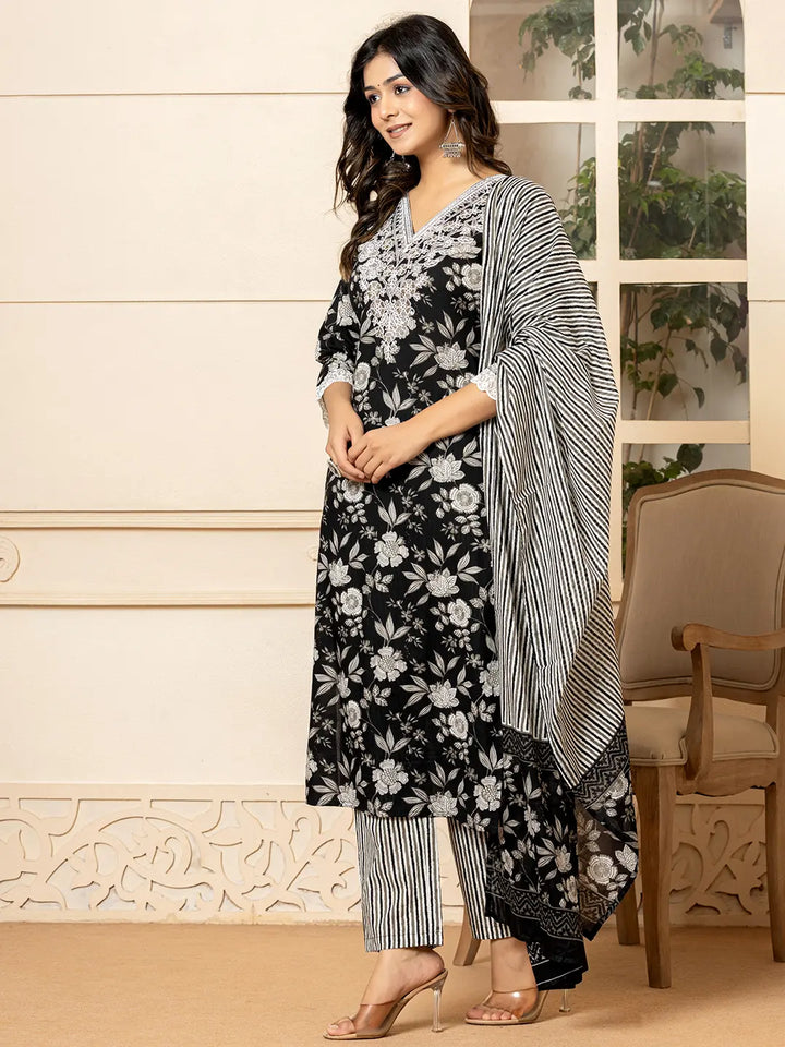 Black-Cotton-Embroidered-Straight-3-Piece-Kurta-Set