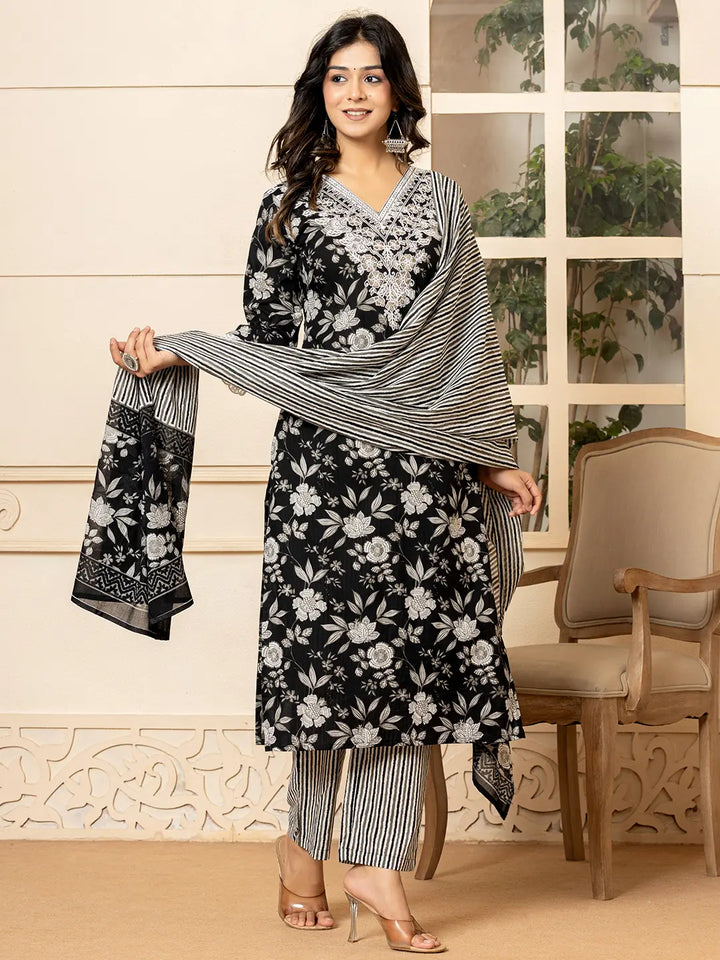 Black-Cotton-Embroidered-Straight-3-Piece-Kurta-Set