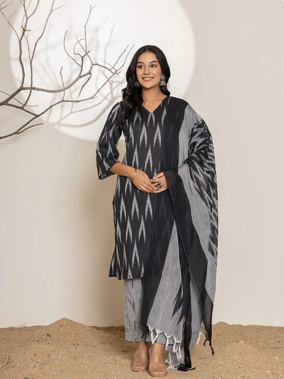 Black-Cotton-Ikat-Print-Straight-3-Piece-Kurta-Set