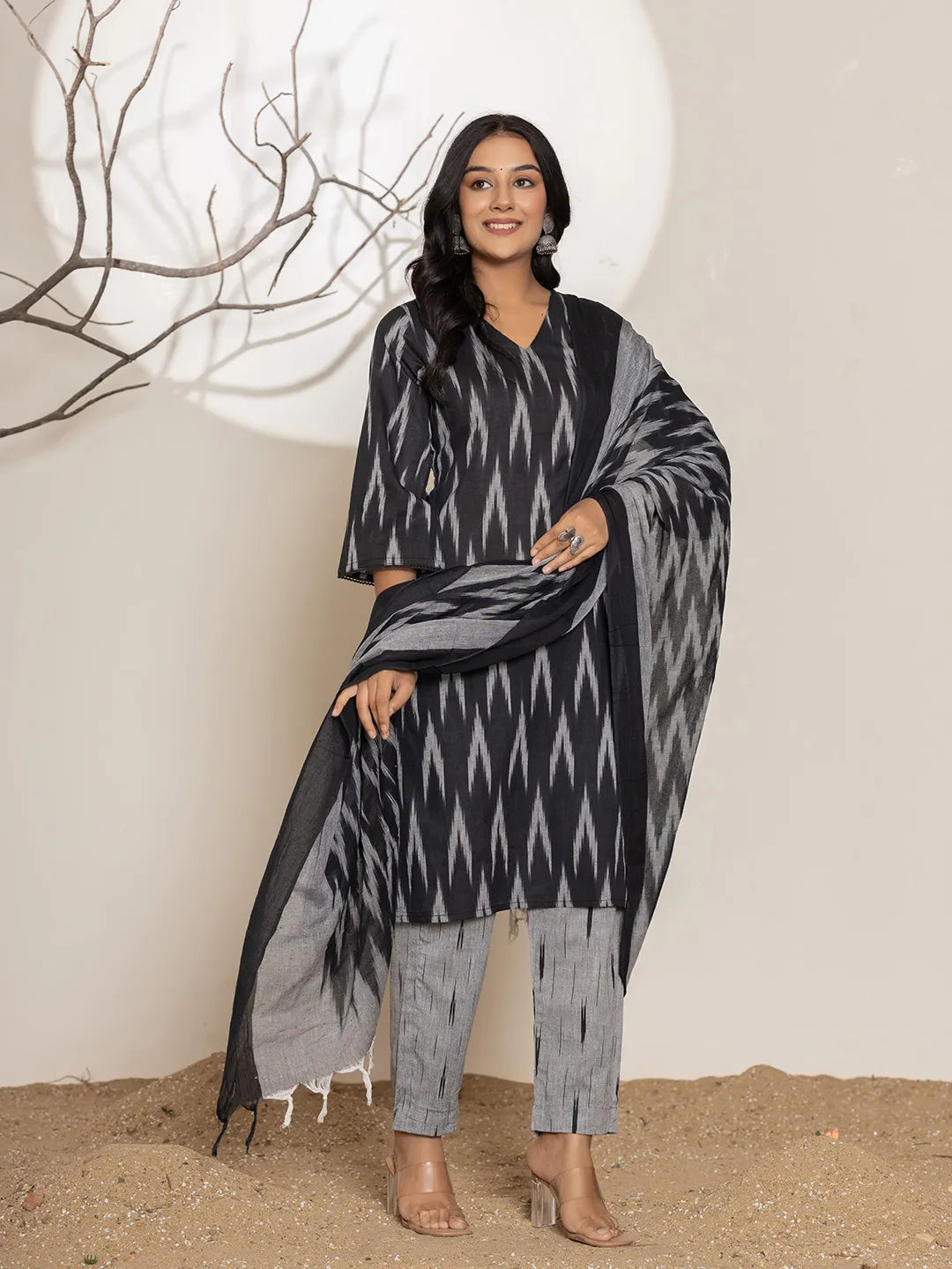 Black-Cotton-Ikat-Print-Straight-3-Piece-Kurta-Set