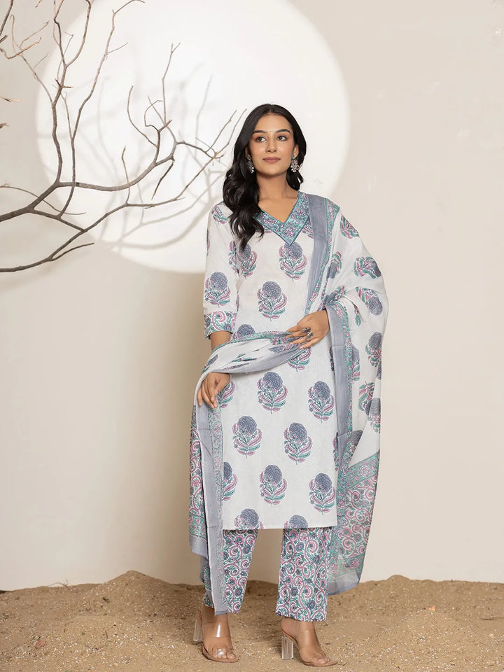 Blue-&-White-Cotton-Floral-Print-Straight-3-Piece-Kurta-Set