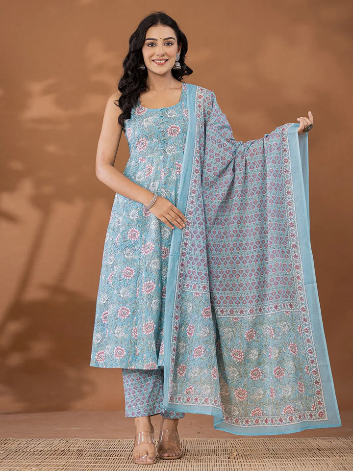 Blue-Cotton-Printed-Square-Neck-Anarkali-Set