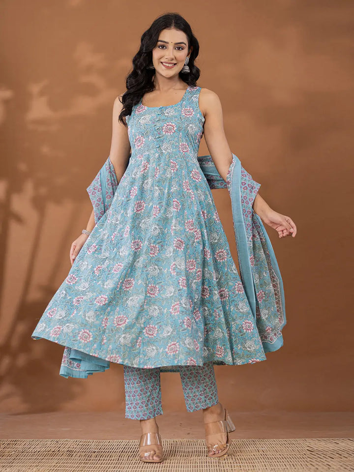 Blue-Cotton-Printed-Square-Neck-Anarkali-Set