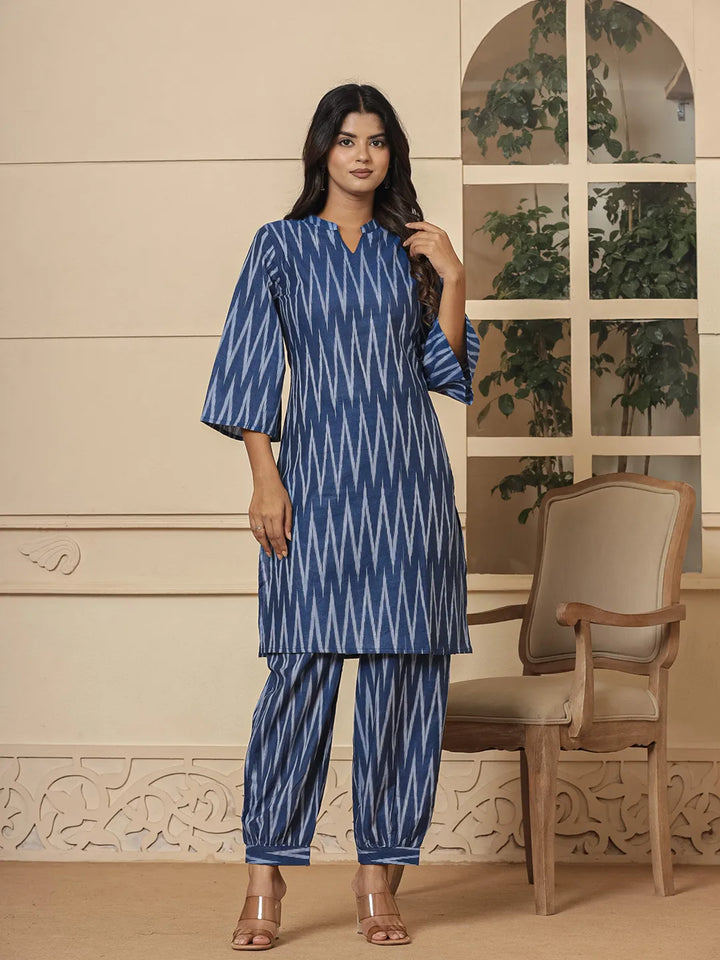 Blue-Cotton-Ikat-Mandarin-Collar-Co-Ord-Set