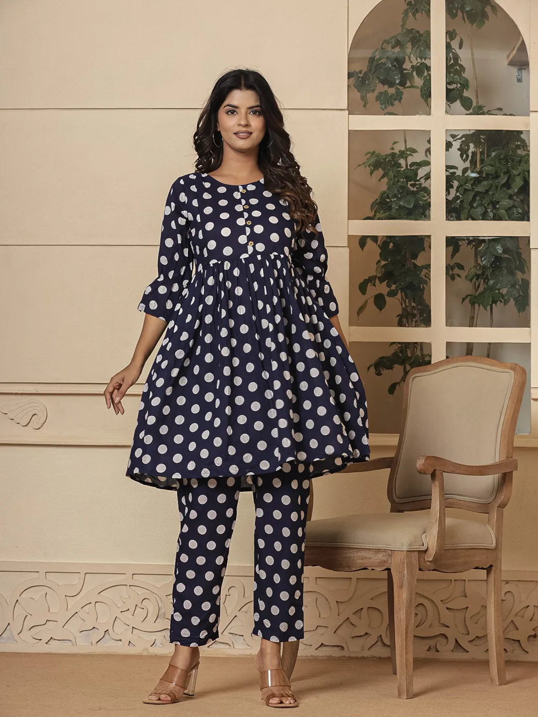 Blue-Cotton-Polka-Dot-Print-Maternity-Wear-2-Piece-Kurta-Set