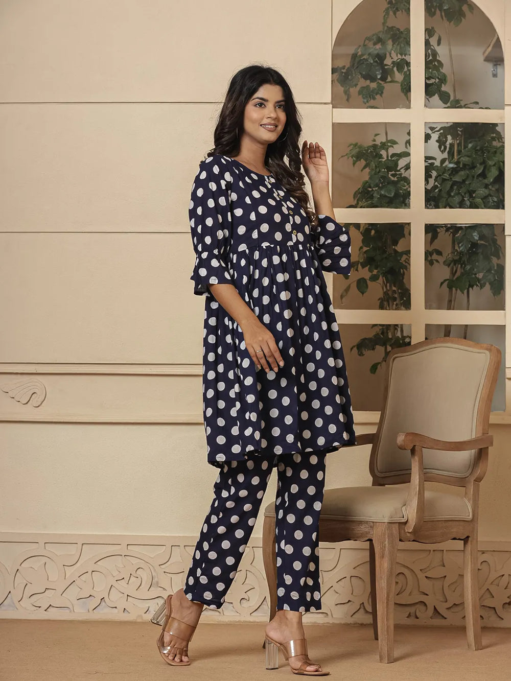 Blue-Cotton-Polka-Dot-Print-Maternity-Wear-2-Piece-Kurta-Set