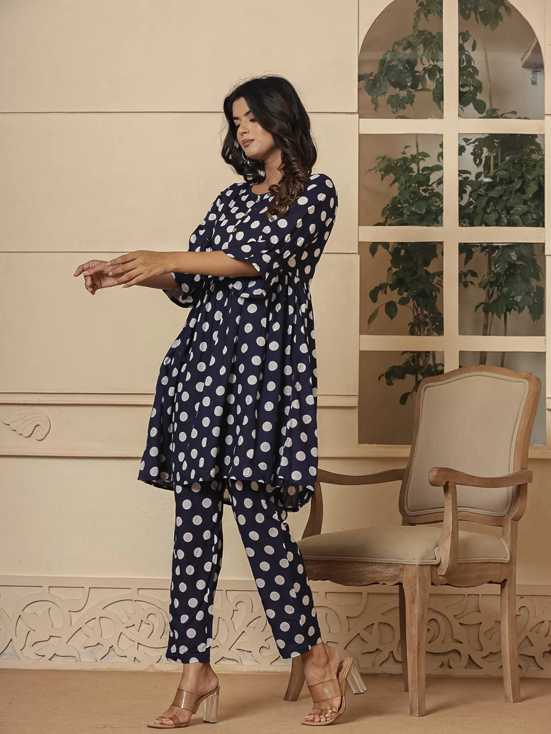 Blue-Cotton-Polka-Dot-Print-Maternity-Wear-2-Piece-Kurta-Set