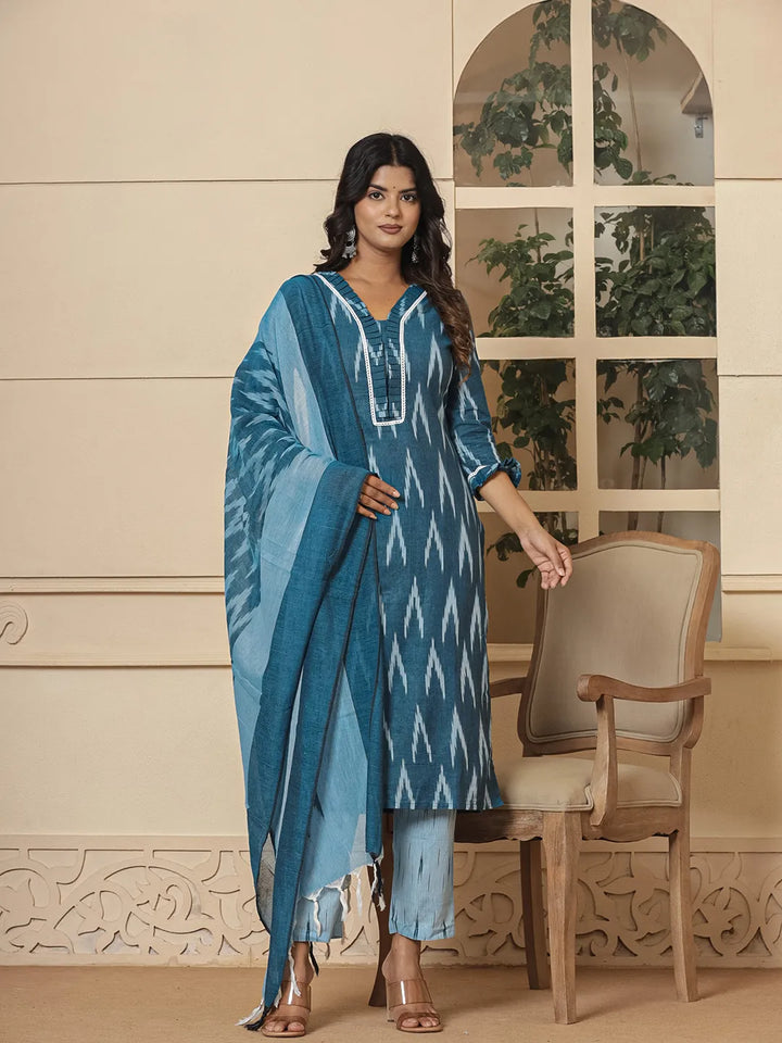 Blue-Cotton-Ikat-Print-Straight-Strappy-3-Piece-Kurta-Set