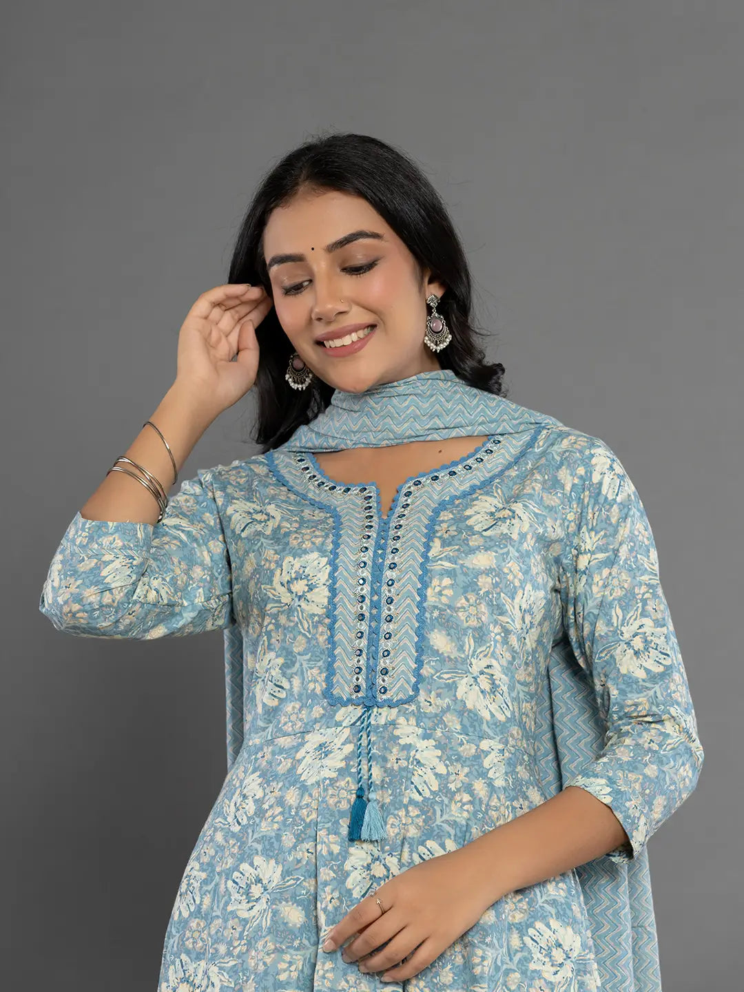 Blue-Cotton-Mirror-Work-Anarkali-Set