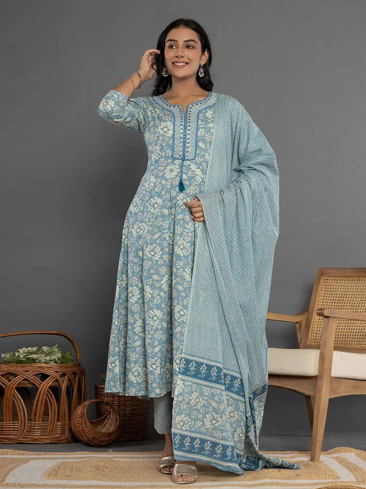 Blue-Cotton-Mirror-Work-Anarkali-Set