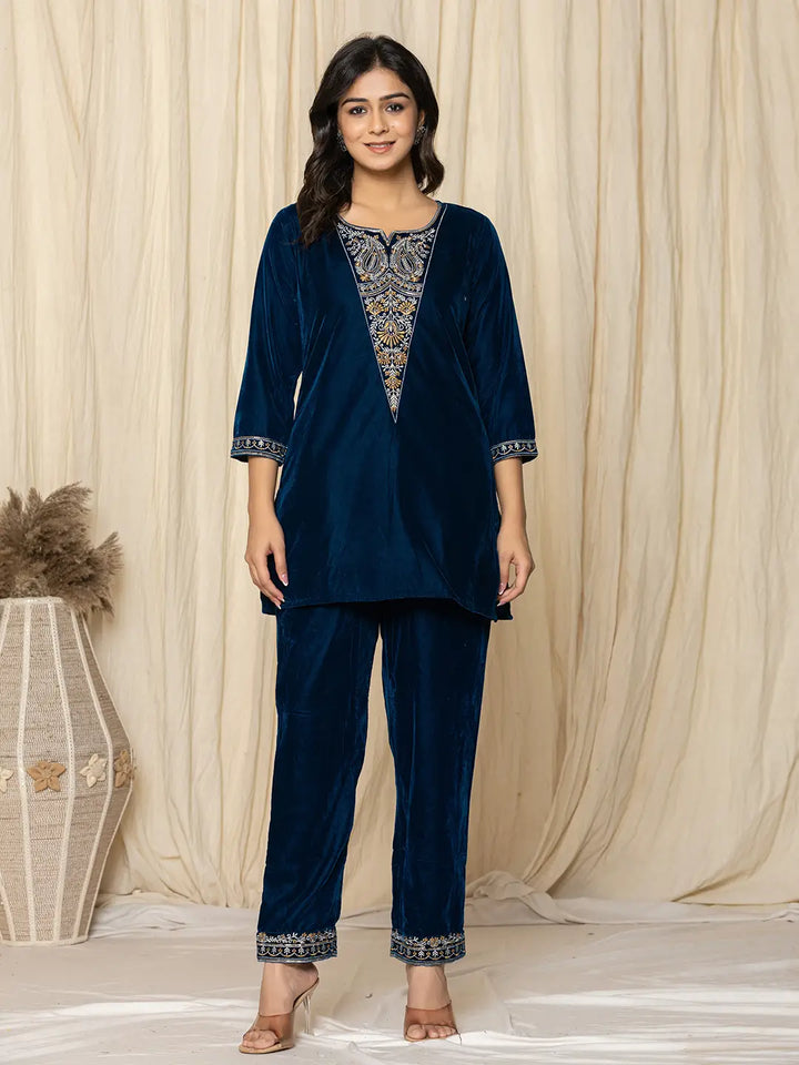 Blue-Velvet-Embroidered-Co-Ord-Set