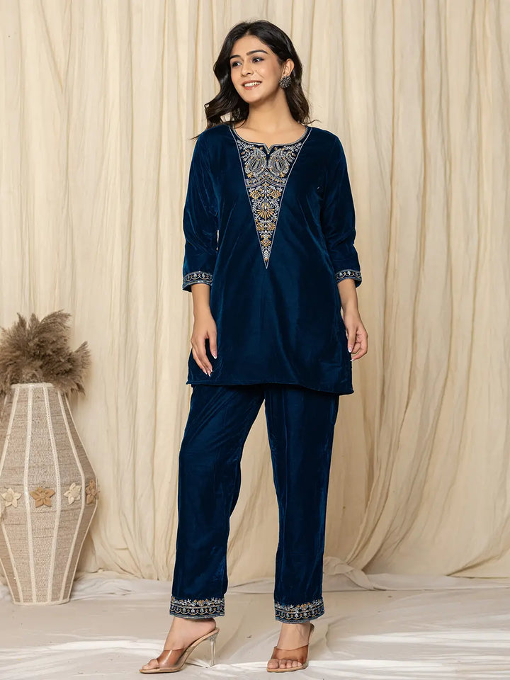 Blue-Velvet-Embroidered-Co-Ord-Set