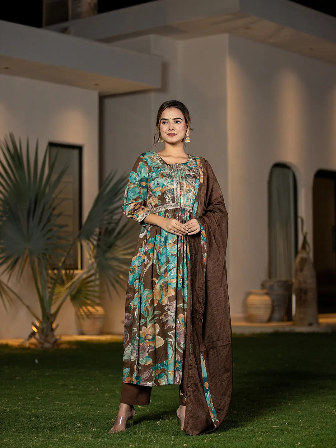 Brown-Organic-Cotton-Print-Fit-And-Flare-3-Piece-Kurta-Set