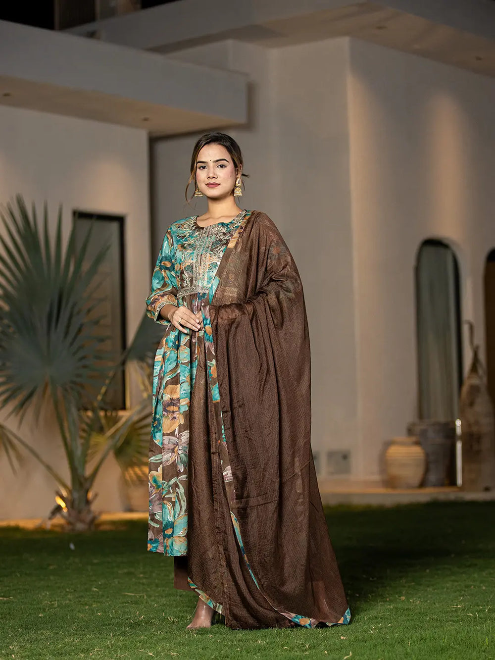 Brown-Organic-Cotton-Print-Fit-And-Flare-3-Piece-Kurta-Set