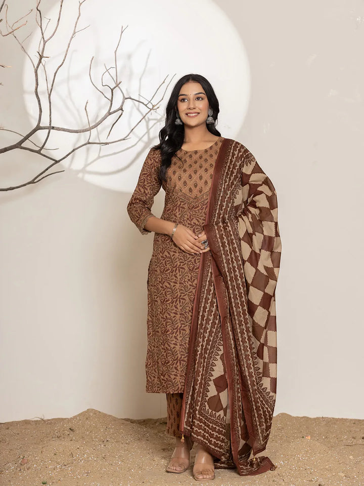 Brown-Cotton-Leaf-Print-Straight-3-Piece-Kurta-Set