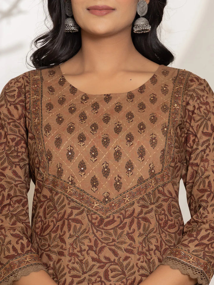 Brown-Cotton-Leaf-Print-Straight-3-Piece-Kurta-Set