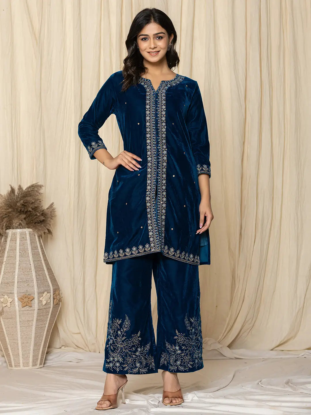 Bue-Velvet-Zari-Work-Embroidered-Co-Ord-Set