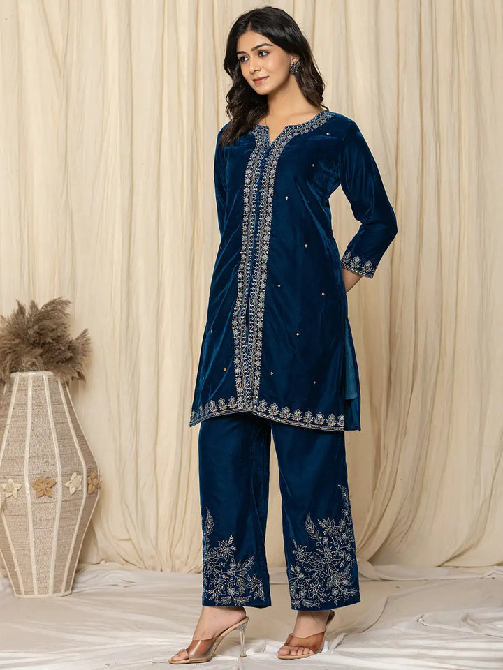 Bue-Velvet-Zari-Work-Embroidered-Co-Ord-Set