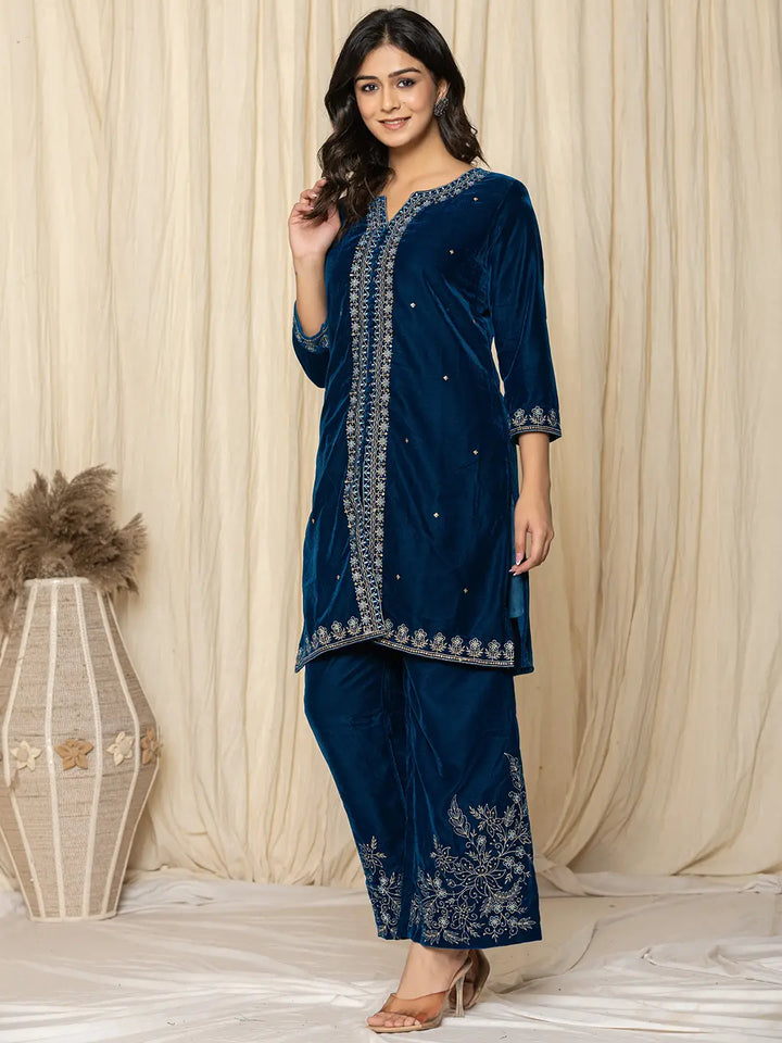 Bue-Velvet-Zari-Work-Embroidered-Co-Ord-Set