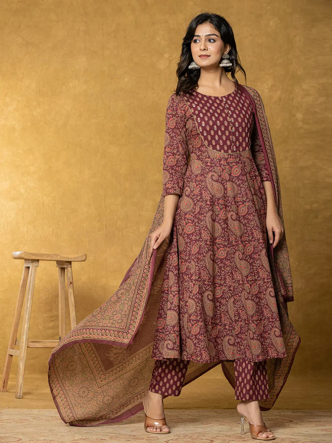 Burgundy-Cotton-Sequins-Work-Anarkali-Set