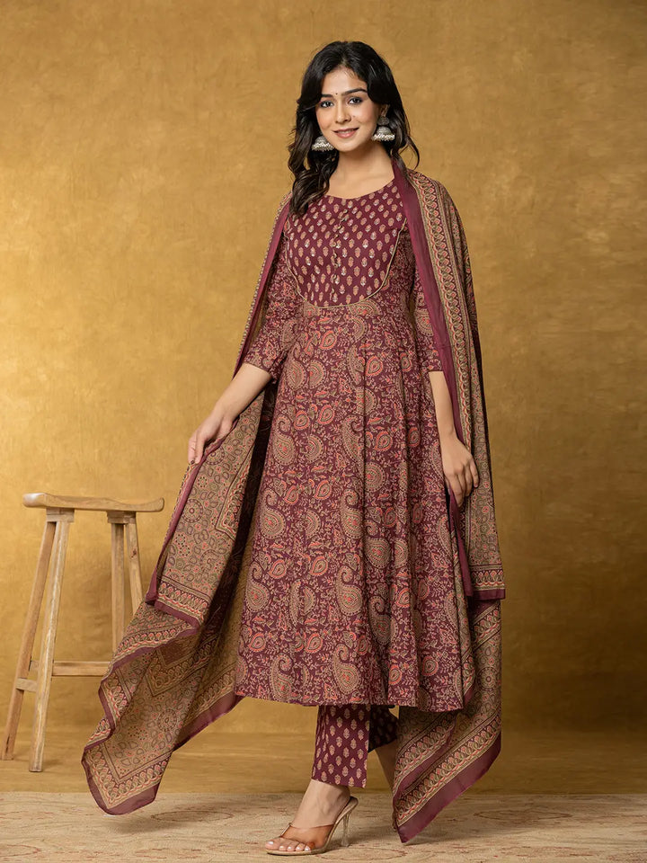 Burgundy-Cotton-Sequins-Work-Anarkali-Set