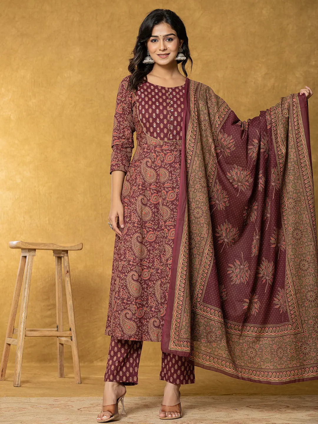 Burgundy-Cotton-Sequins-Work-Anarkali-Set