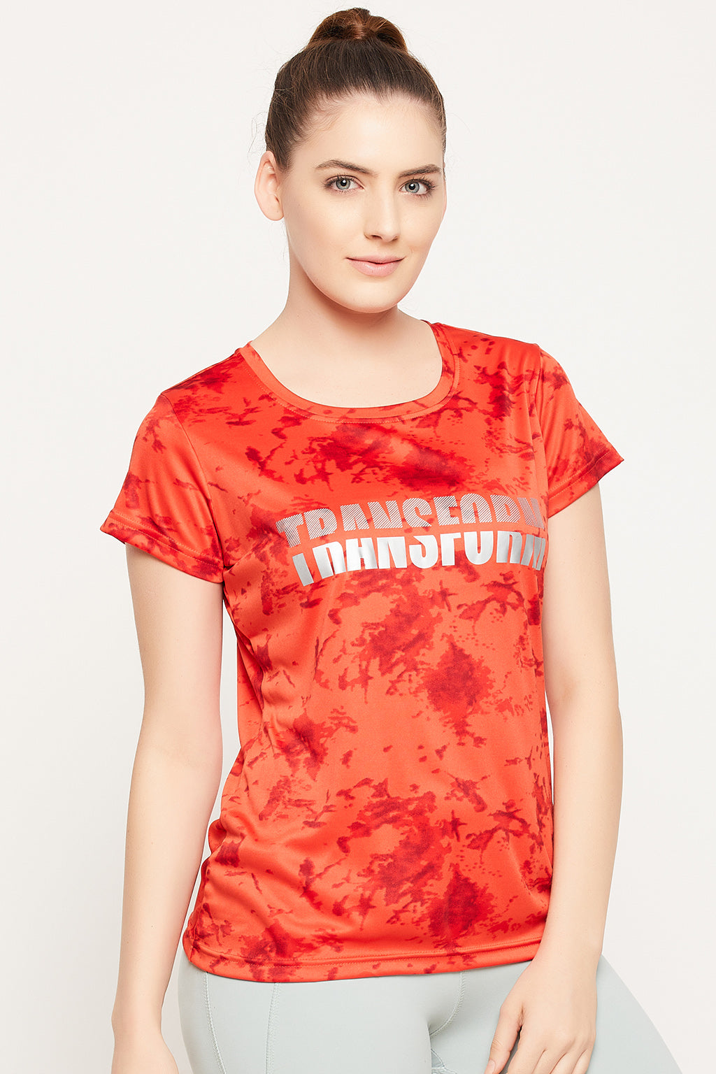 Scarlet-Red-Polyester-Print-T-shirt-With-Reflective-Sticker