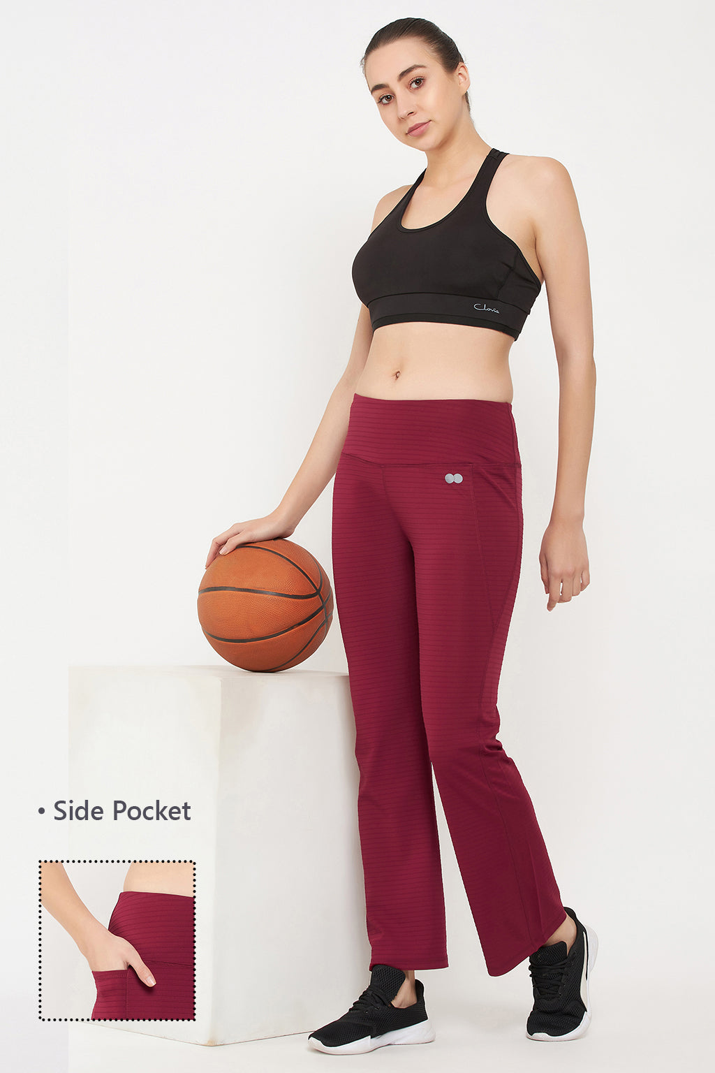 Maroon-Poly-Spandex-Flared-Yoga-Pants-With-Side-Pocket