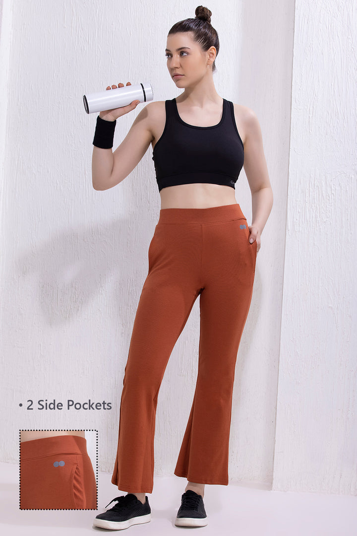 Orange-Cotton-Blend-Flared-Yoga-Pants-With-Side-Pockets