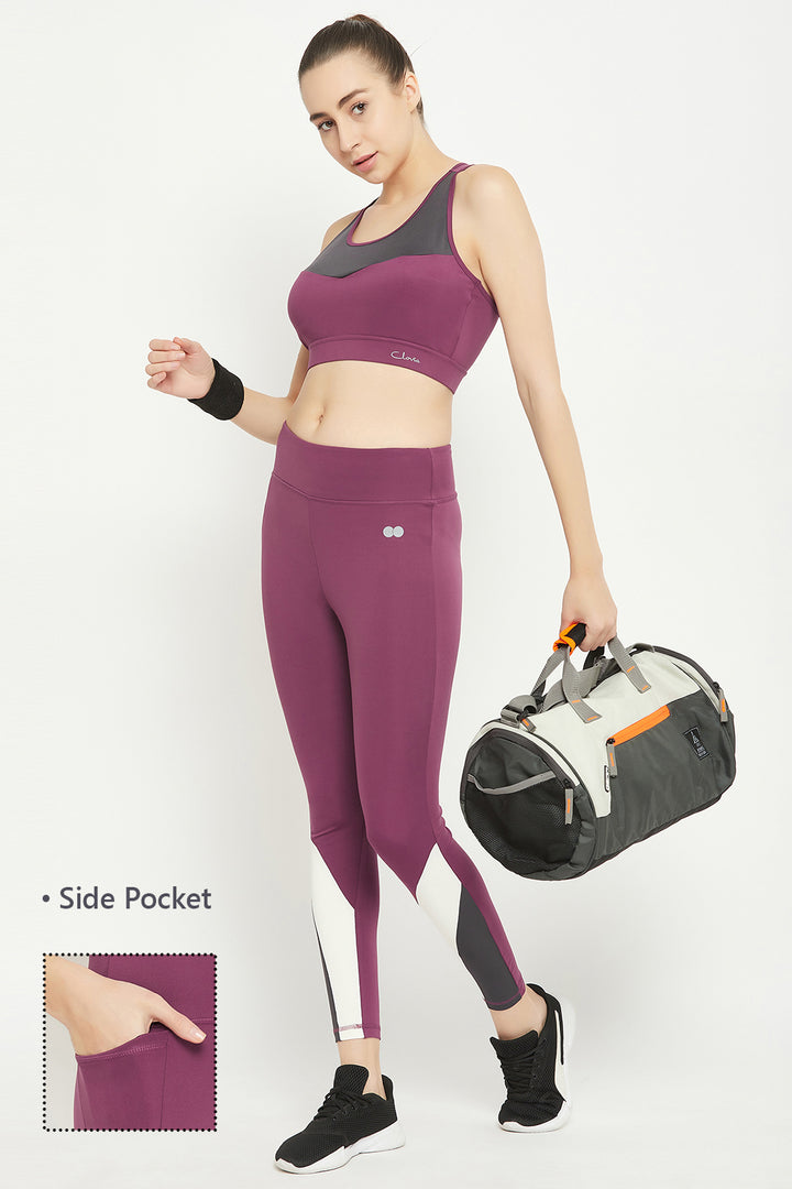 Plum-Poly-Spandex-Tights-With-Contrast-Panels-&-Side-Pocket