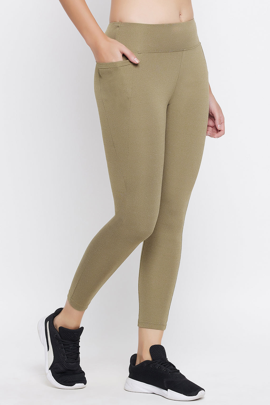 Olive-Green-Poly-Spandex-High-Rise-Tights-With-Side-Pocket