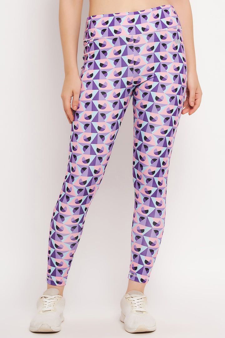 Purple-Poly-Spandex-Geometric-Print-Tights-With-Side-Pocket