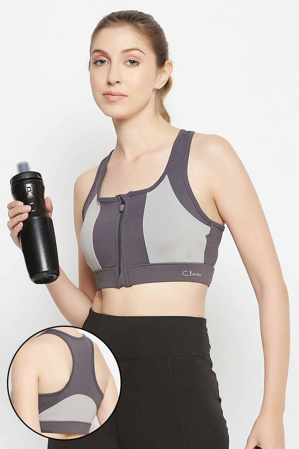 Dark-Grey-Polyester-Padded-Racerback-Sports-Bra