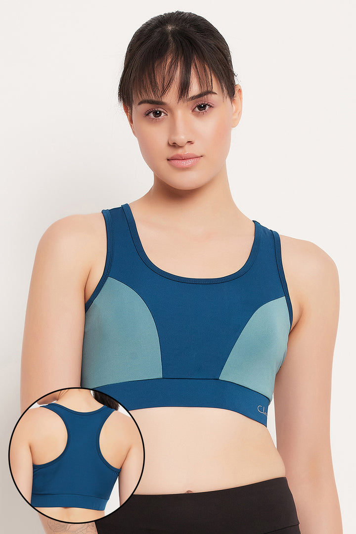 Teal-Blue-Polyester-Medium-Padded-Racerback-Sports-Bra